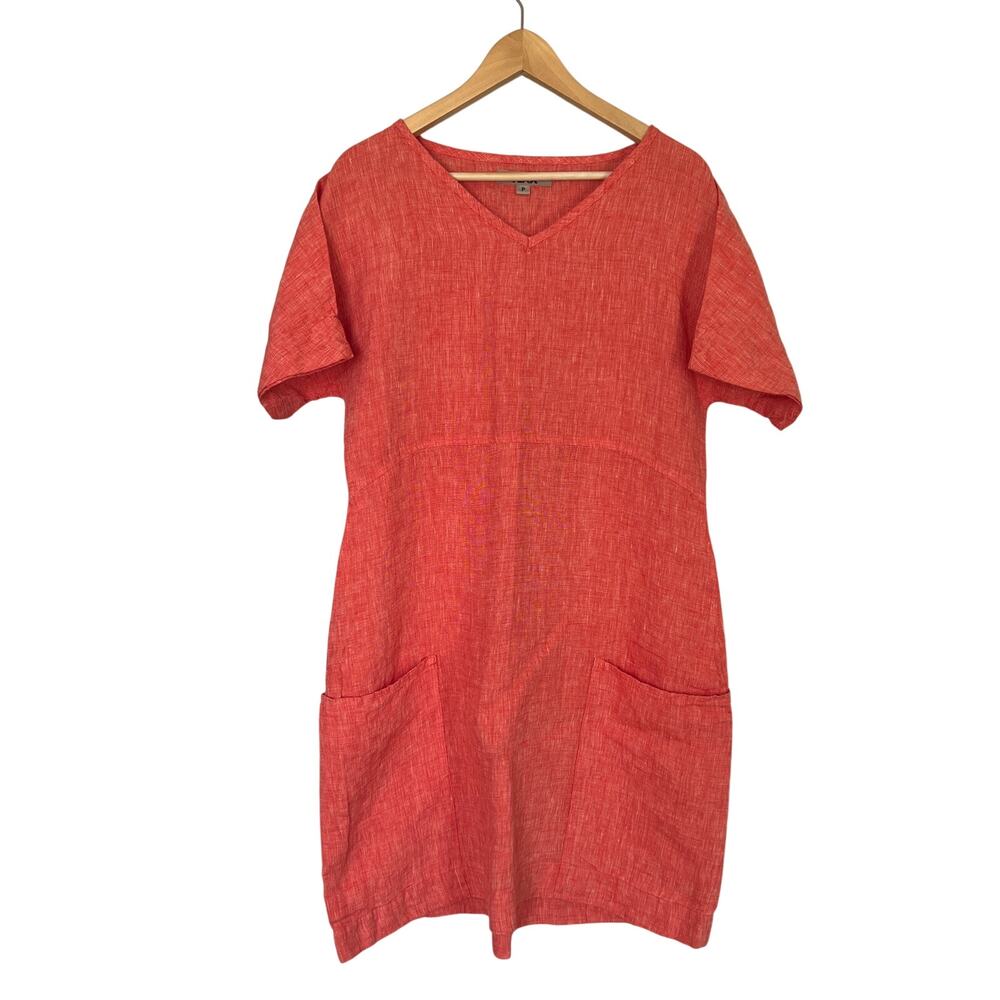 FLAX Linen V-Neck Short Sleeve Shirt Dress Salmon Orange Pockets Women's P 4-6